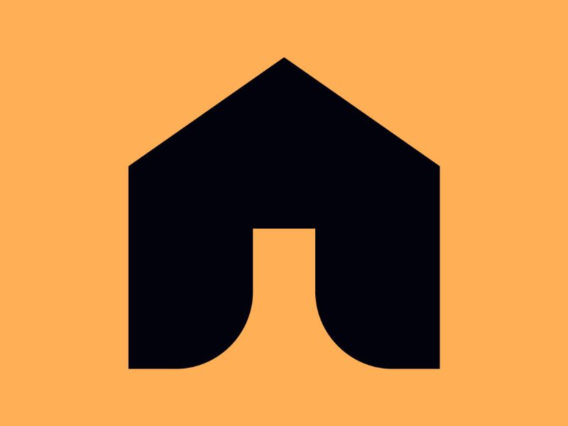 Bold black house icon on an orange background.