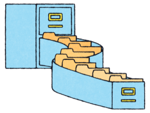 Blue cartoon filing cabinet with long, winding open draw.