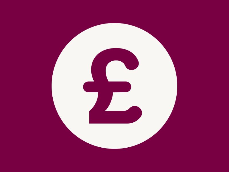 A plum coloured pound sign with a white circular background with a plum backdrop.
