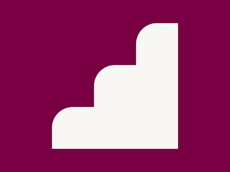 White steps icon on a plum-coloured background.