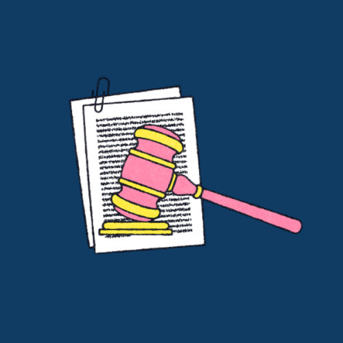 Cartoon court gavel and paper on a navy coloured background.