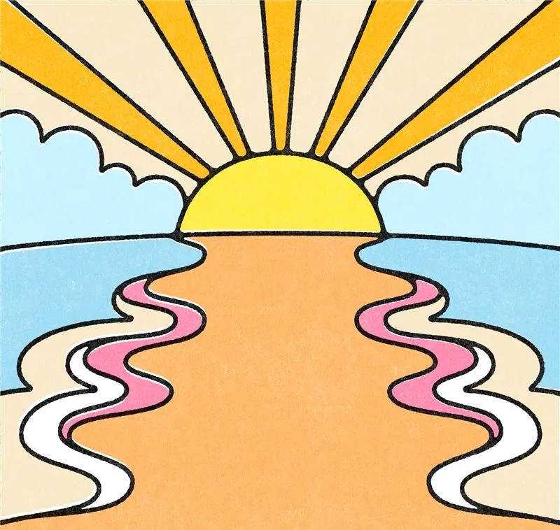 An illustration of a sun rising or setting, with a parting sea giving way to orange sand in front of it.