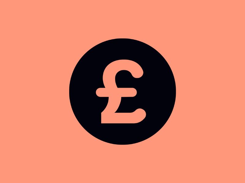 Peach pound symbol inside a black circle with peach coloured background.