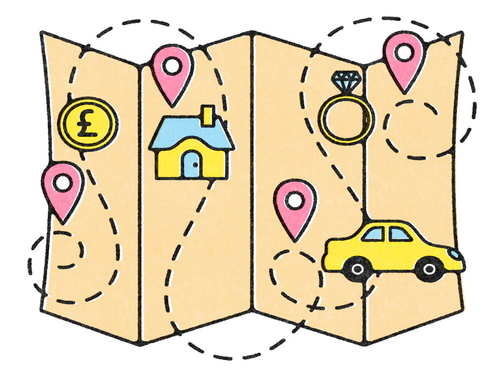 Cartoon map with location pins, a house, a car, a ring and a pound coin.