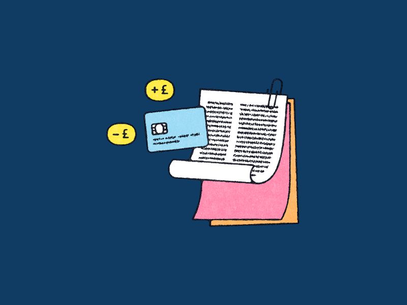 Cartoon stack of papers with cartoon credit card and pound signs on a navy background.