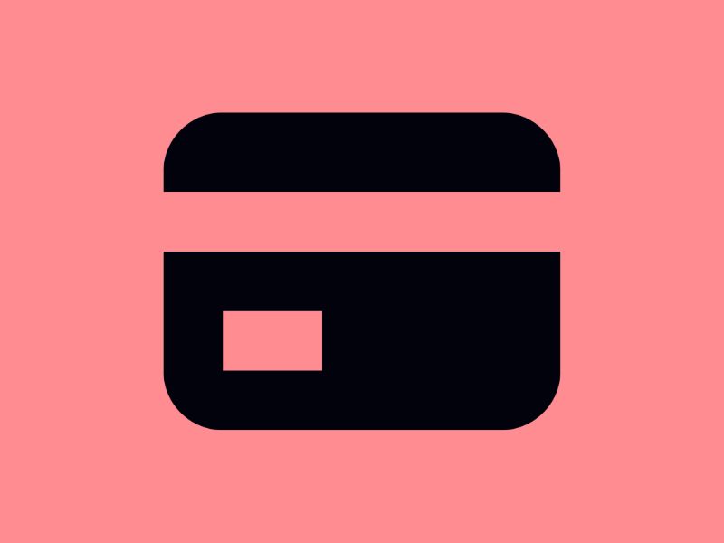 Black credit card icon on a light pink background.