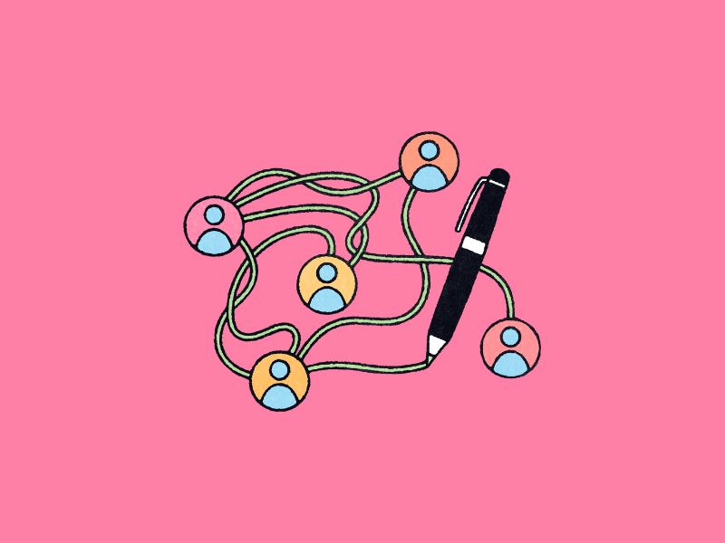 People icons being connected together by pen on pink background.