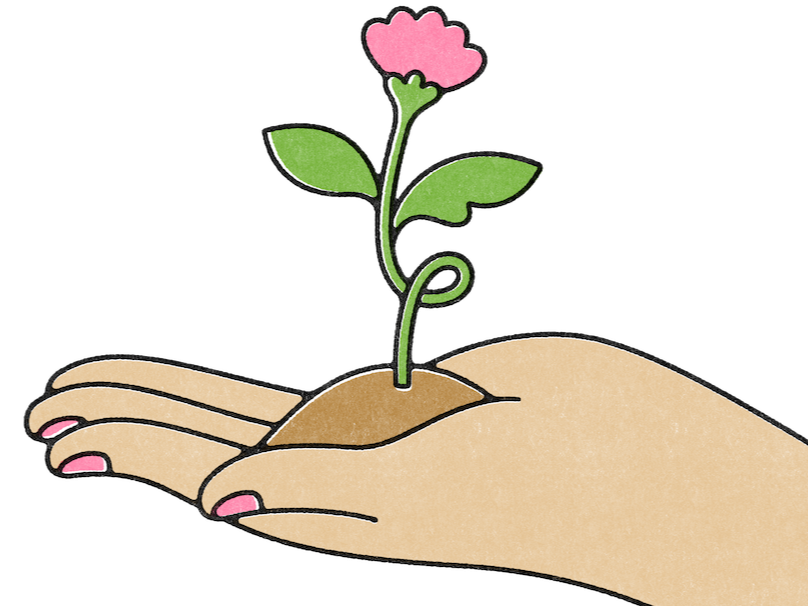 An illustration of a hand, palm open and facing upwards, holding a pink flower.