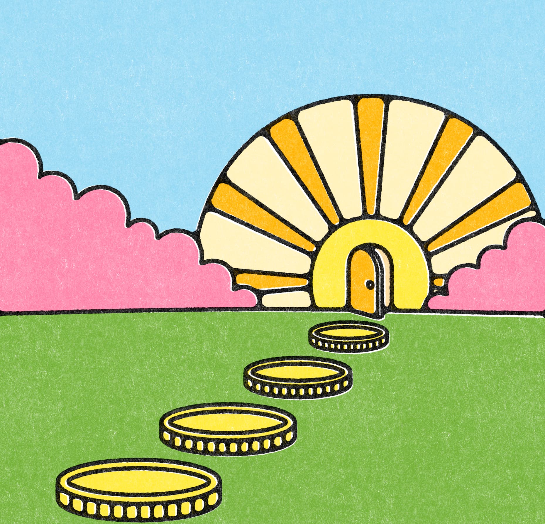 An illustration of a series of coins arranged in a line, like stepping stones, leading over green grass to a door that opens into the sun. There are pink clouds either side of the sun, and blue sky behind it.