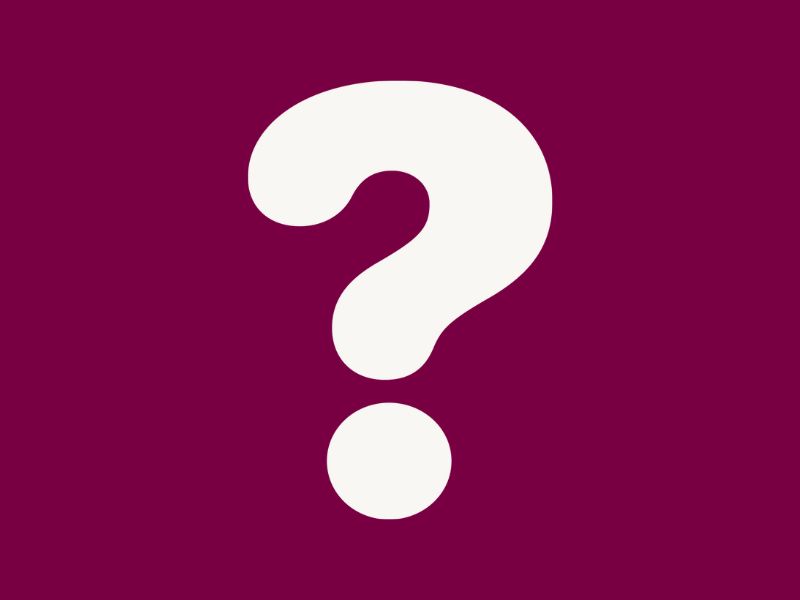 A white question mark on a plum red background.