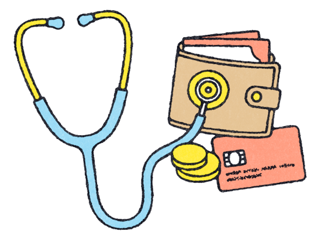 An illustration of a stethoscope attached to a wallet, with a credit card and two gold coins beneath it.