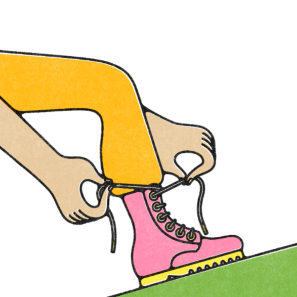 Cartoon hands tying up laces of a hiking boot.