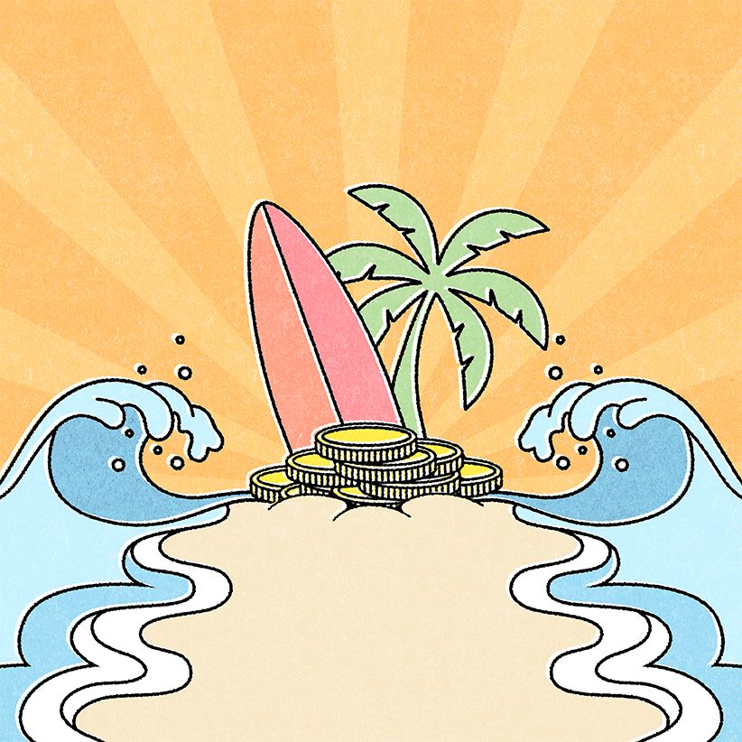 Surfboard, palm tree, and coins on a beach with two waves either side. 