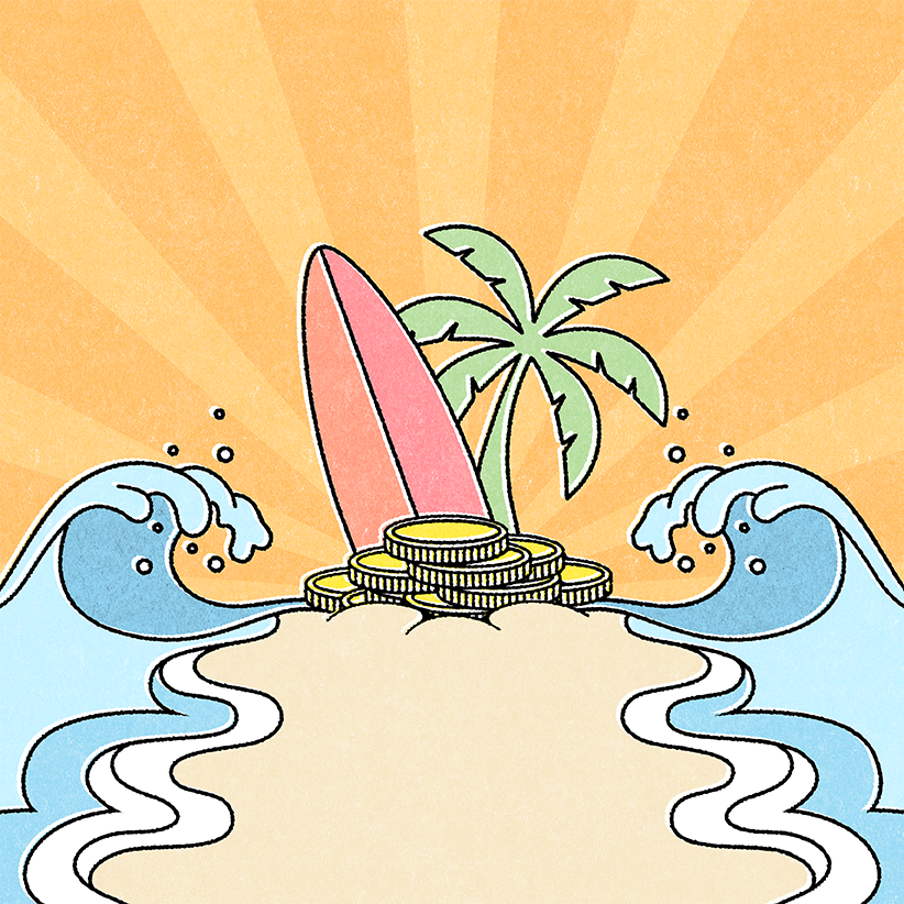 Surfboard, palm tree, and coins on a beach with two waves either side.