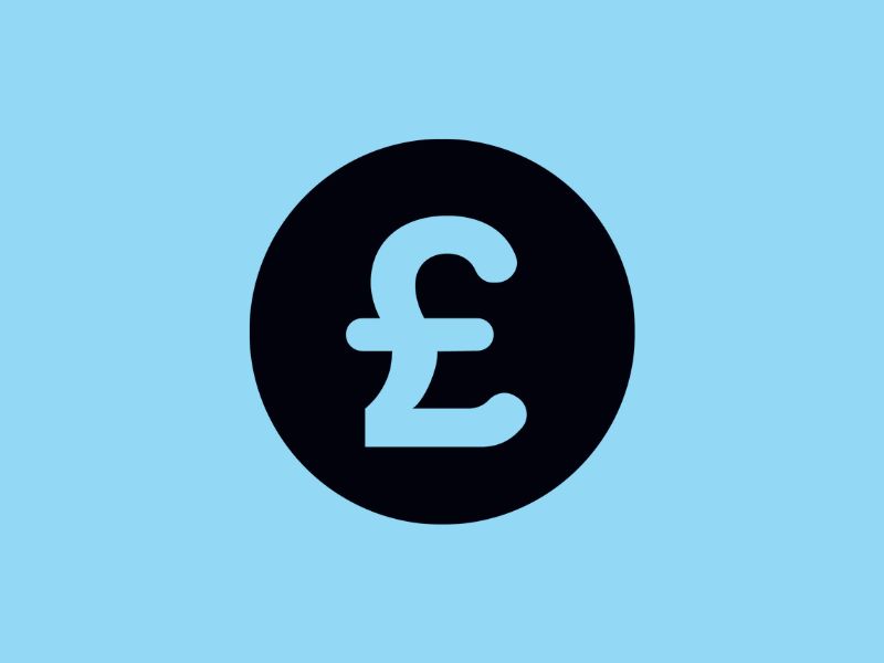 A black pound sterling icon on a sky blue background.