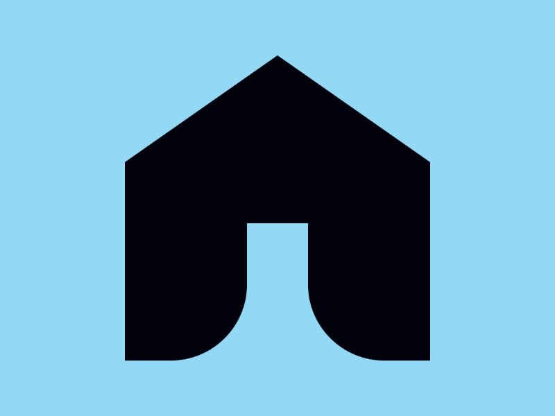 Solid black house icon on a sky blue background.