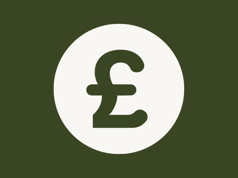 A green British pound symbol inside a white circle on a dark green background.