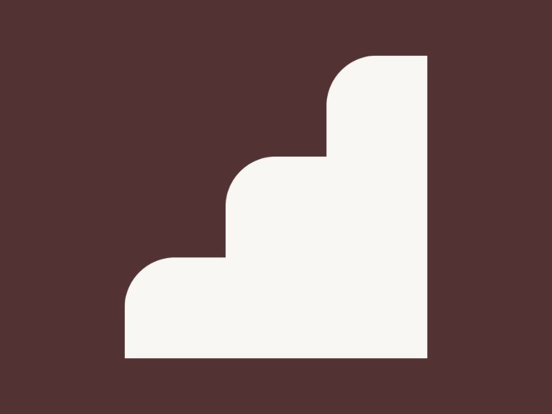 A white icon of stairs ascending on an earth brown background.