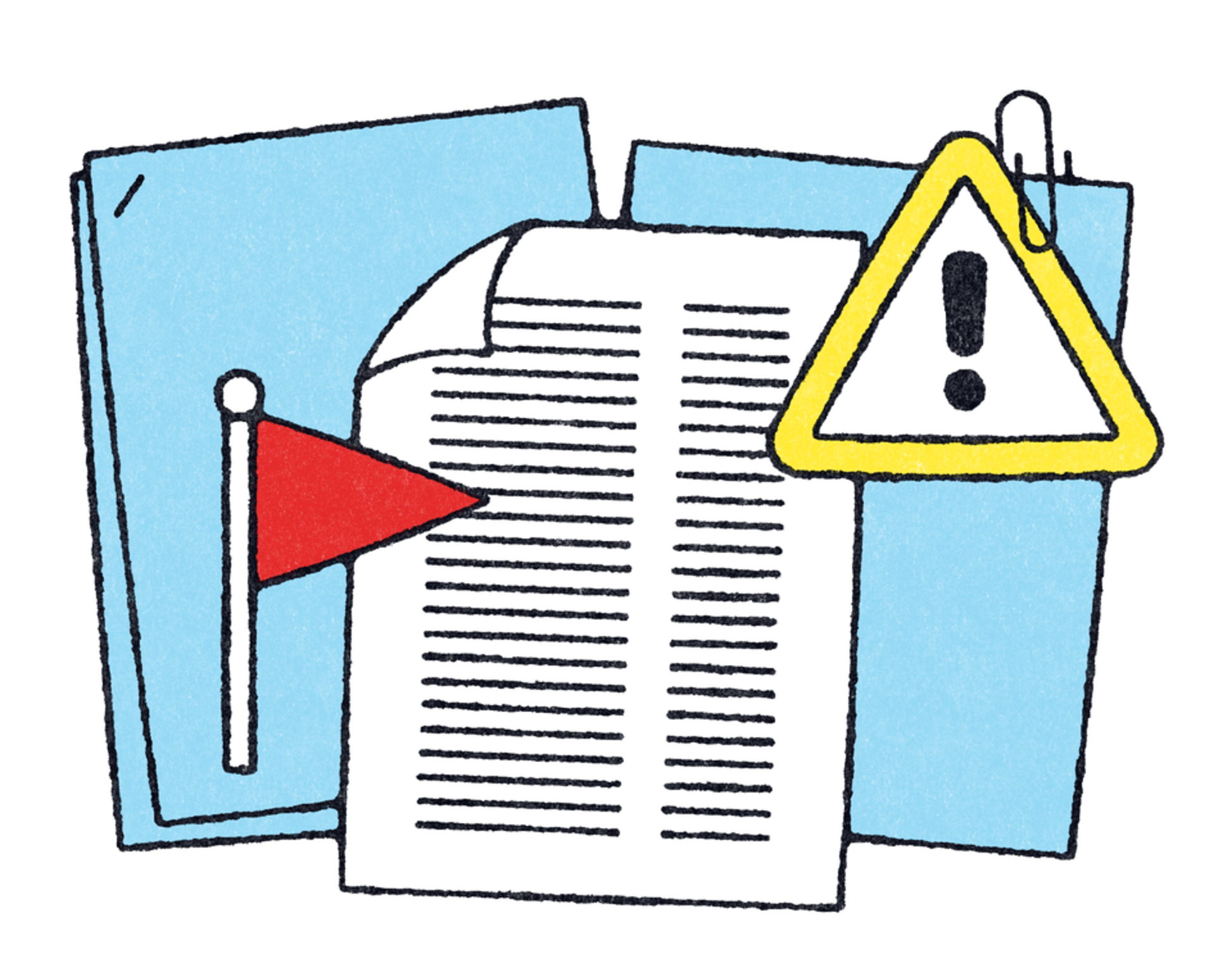 Cartoon paperwork, red flag and exclamation mark on a peach coloured background,