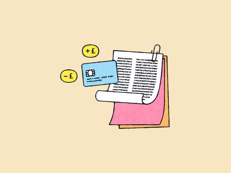 Cartoon stack of papers with cartoon credit card and pound signs on a light beige background.