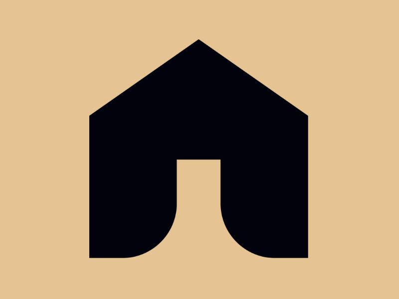 Solid black house icon on taupe background.
