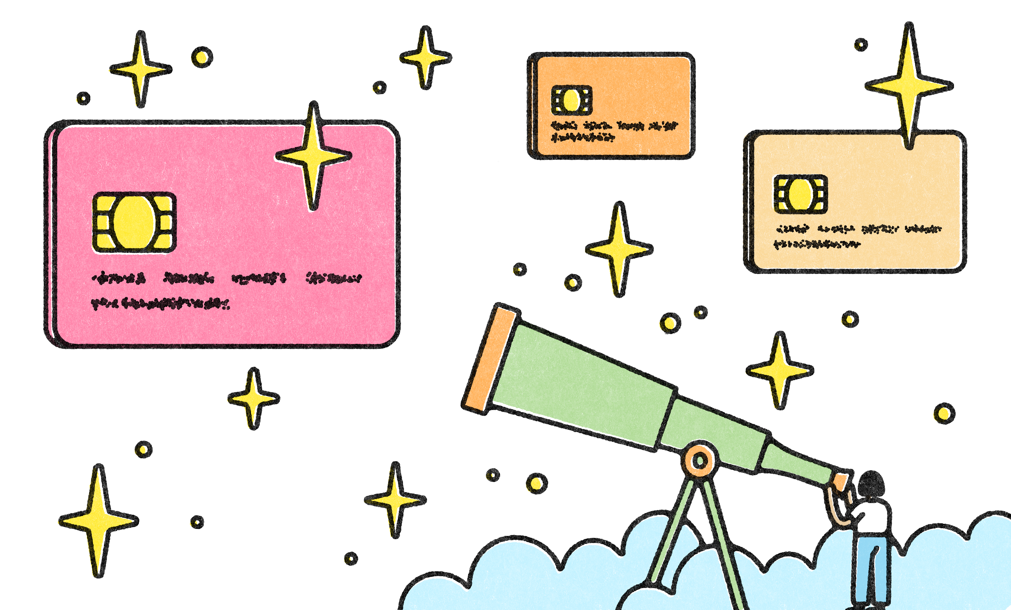 Cartoon telescope pointing at credit cards, floating amongst stars.
