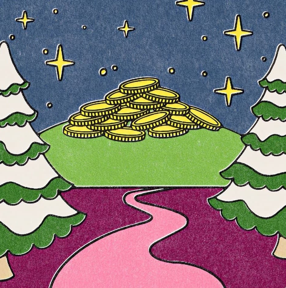 A pile of coins in a Christmas scene