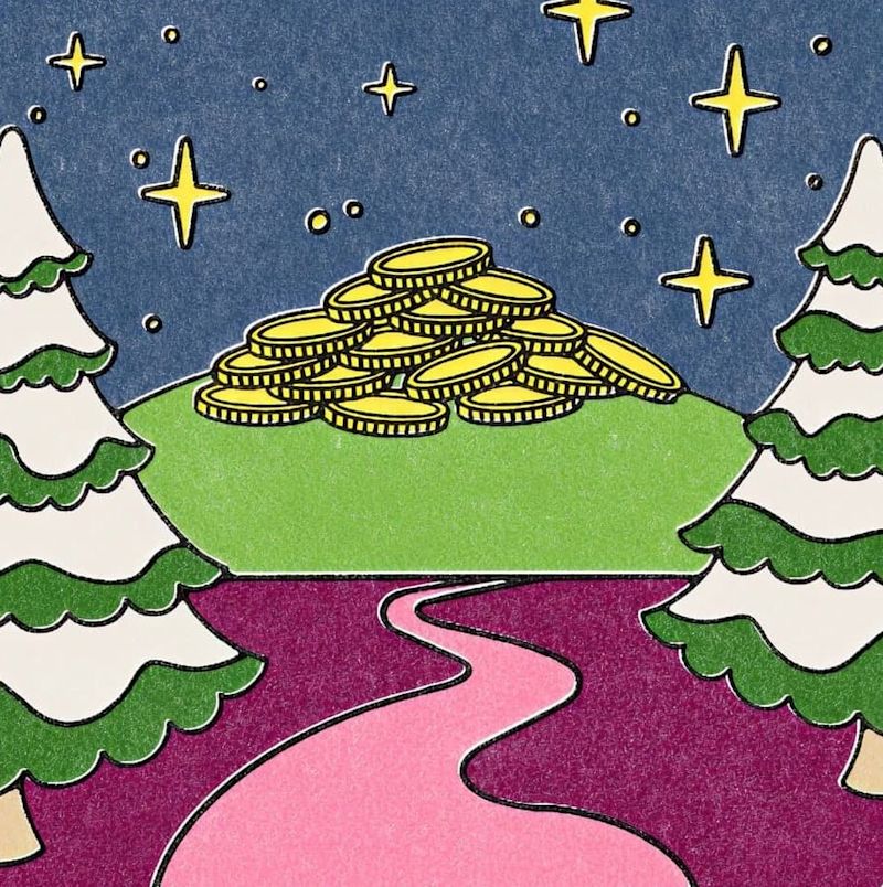 A pile of coins in a Christmas scene