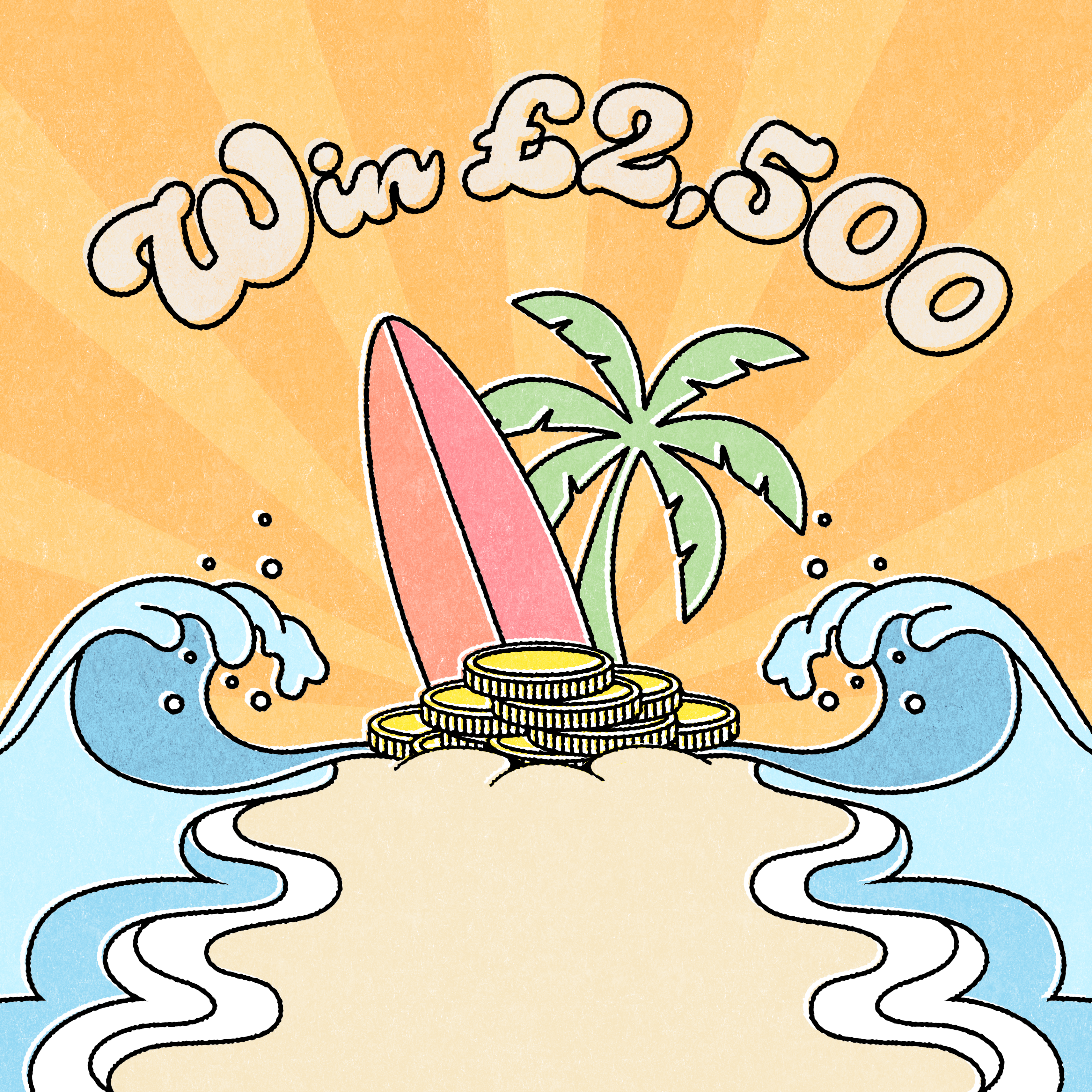 Beach with coins, surfboard, palm tree, waves, and text about winning £2,500