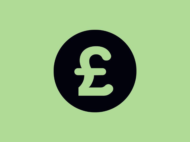 Black circle with a British pound sign in the middle on mint green background.