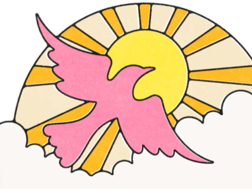 An illustration of a pink bird flying above white clouds and in front of the sun.