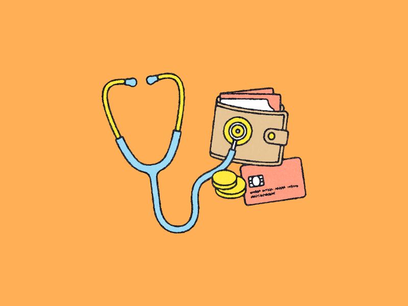 Cartoon stethoscope and wallet on a bright orange background.
