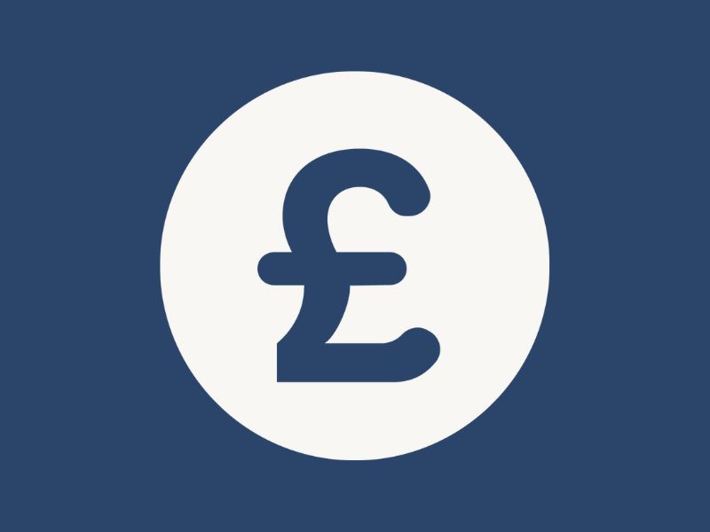 A navy blue pound sign within an off-white circle, which is surrounded by a navy blue background.