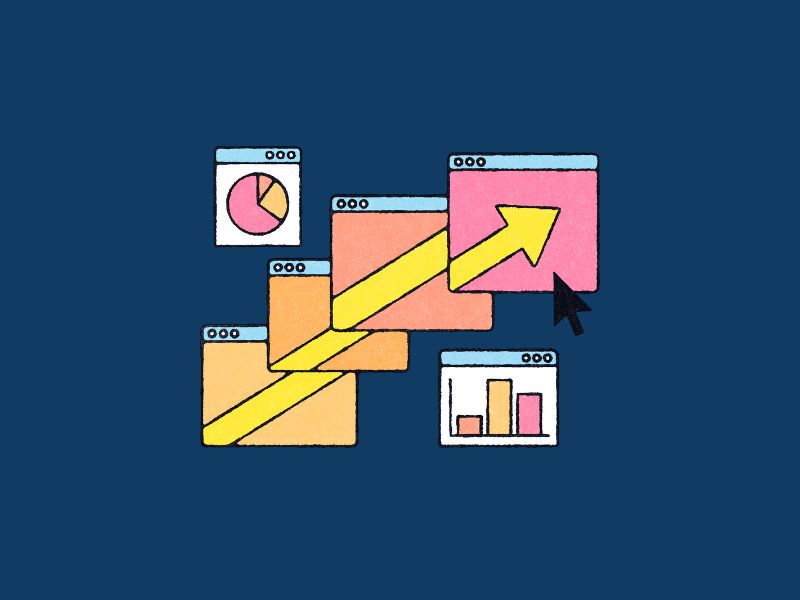 Cartoon graphs and arrows on a navy blue background.