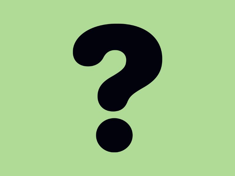 Black, bold question mark icon on mint green background.