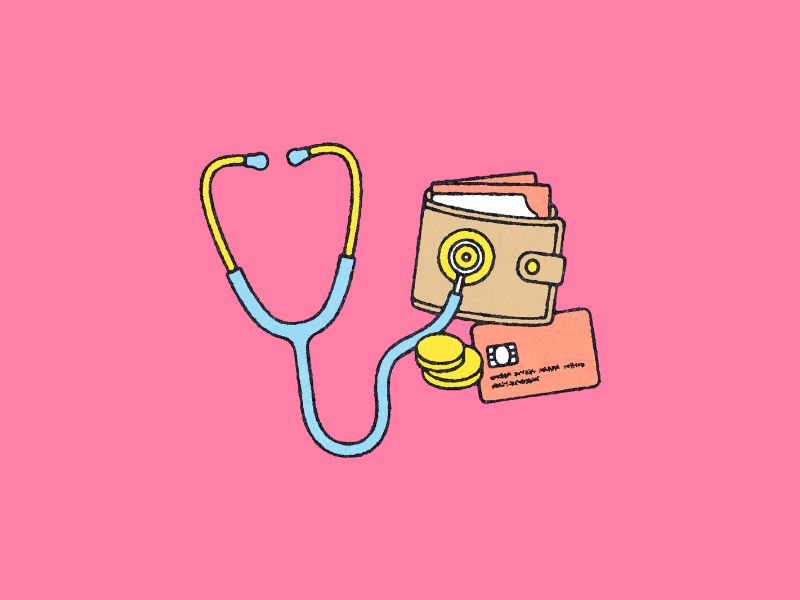 Cartoon wallet with a stethoscope on a bright pink background.