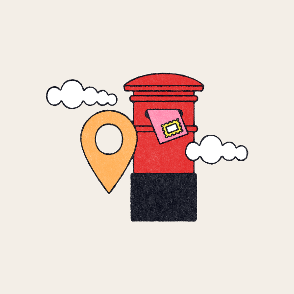 Cartoon postbox and location pin on a light beige background.