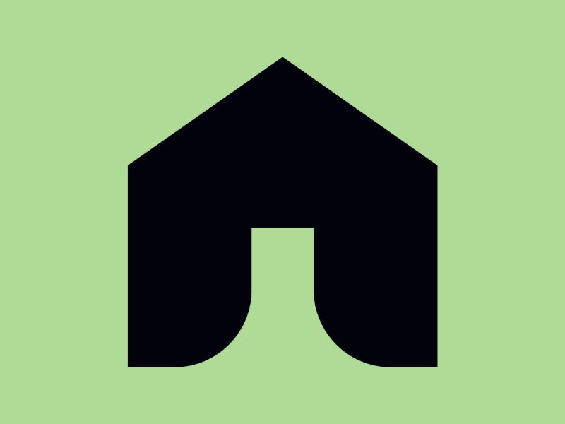 Black house icon on a mint green background.