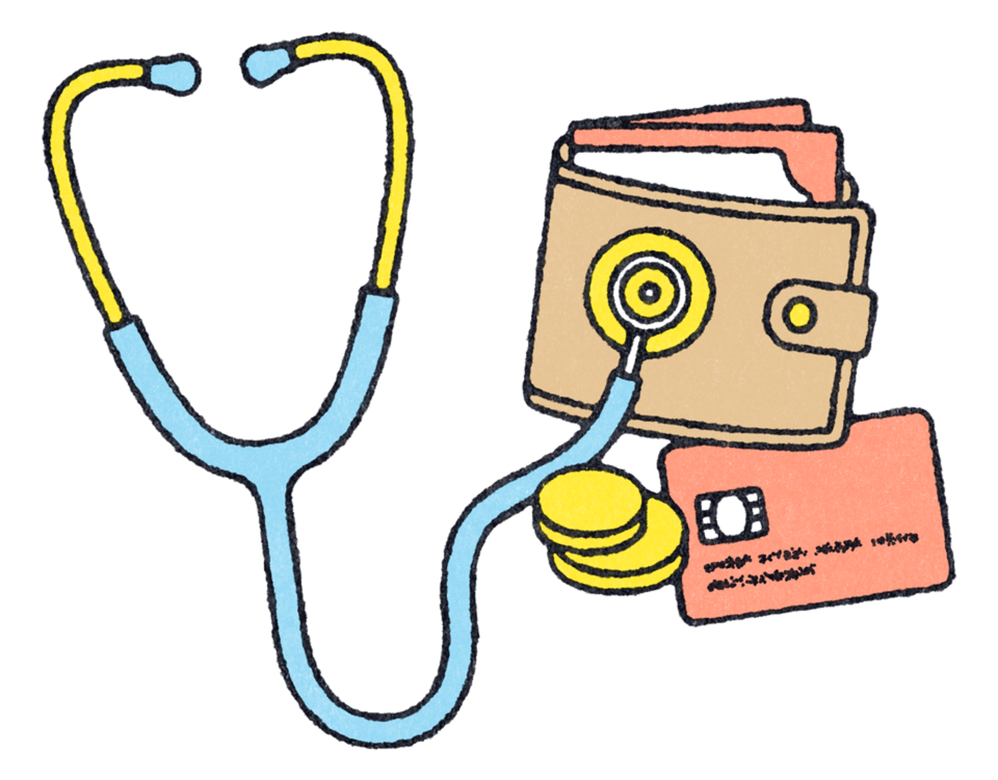 Cartoon stethoscope and wallet on a dark green background.