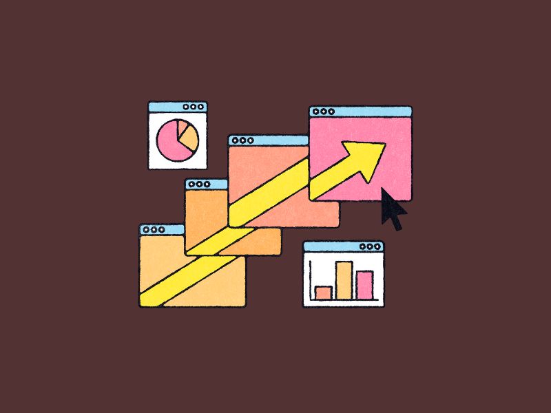 Cartoon graphs and arrows on an earth coloured background.