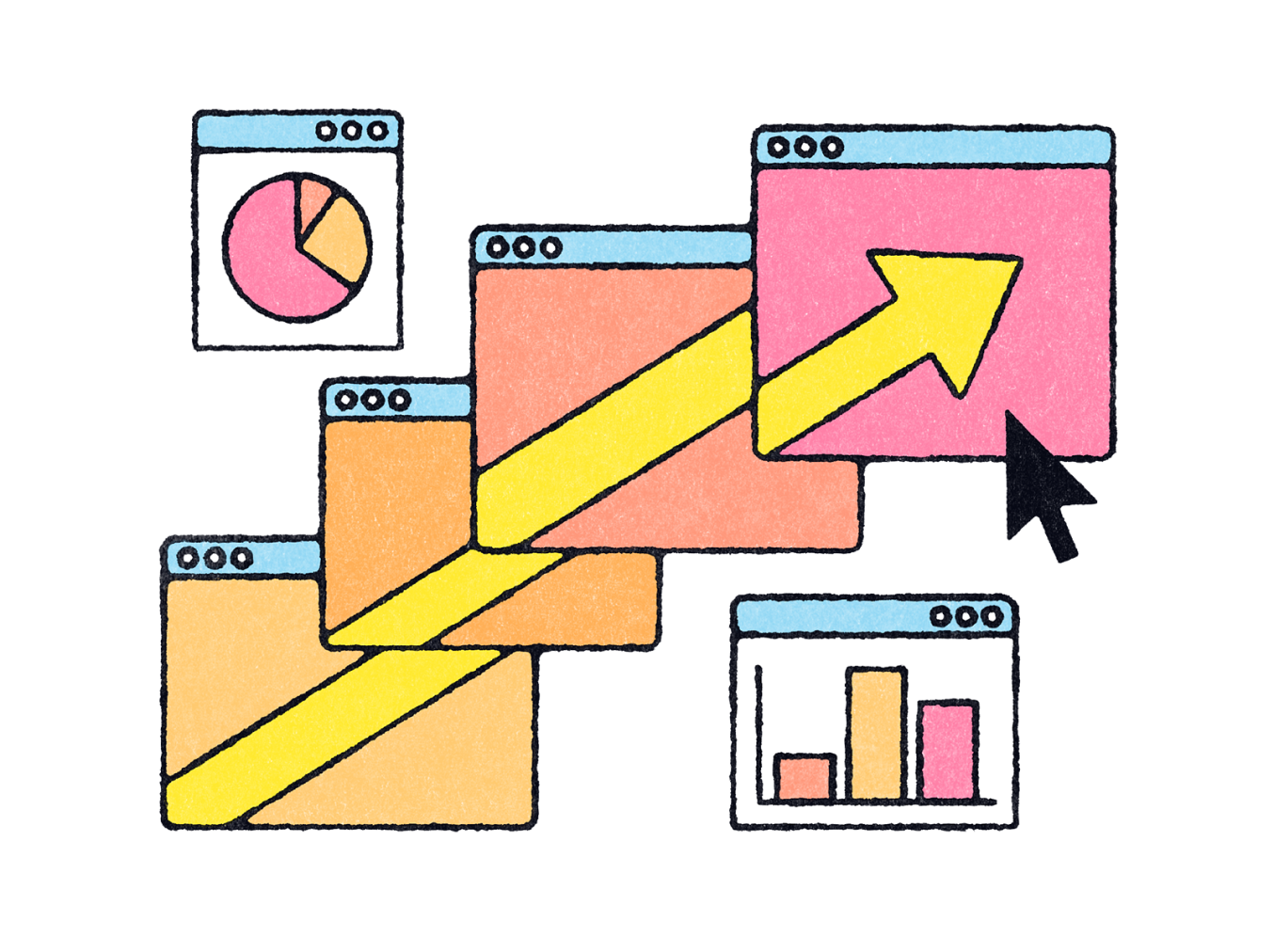 An illustration of a series of rising yellow arrow moving from left to right through a series of computer tabs. There's a pie chart in the top right of the image, and a bar chart in the bottom right.