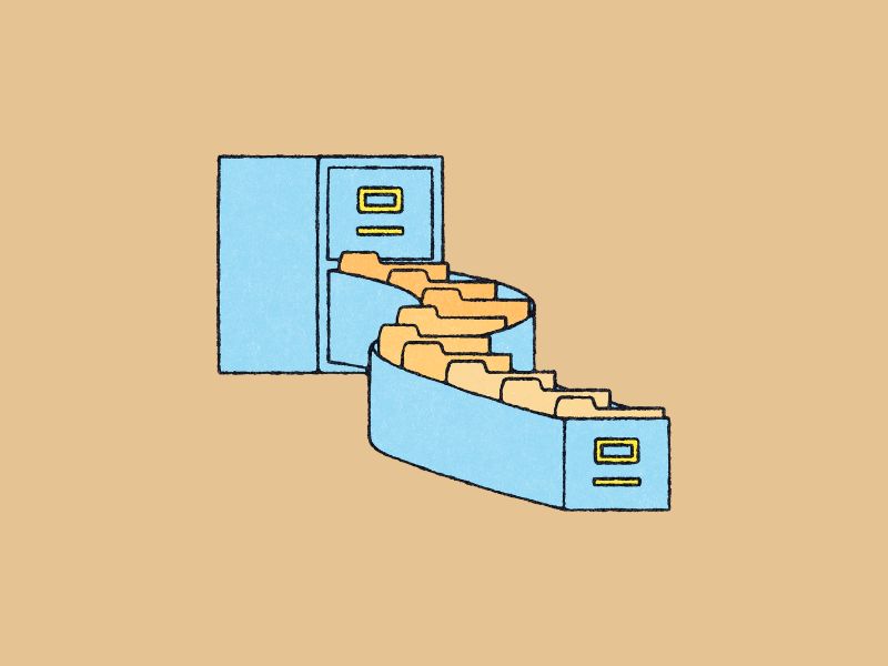 Blue cartoon filing cabinet on taupe background.