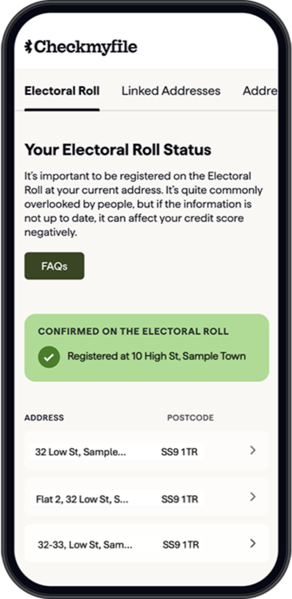 An example of how someone's account looks on a mobile device. The mobile screen shows the Electoral Roll section of their credit file. A green box with the text 'Confirmed on the Electoral Roll' is in the centre of the screen, with a list of addresses beneath it.
