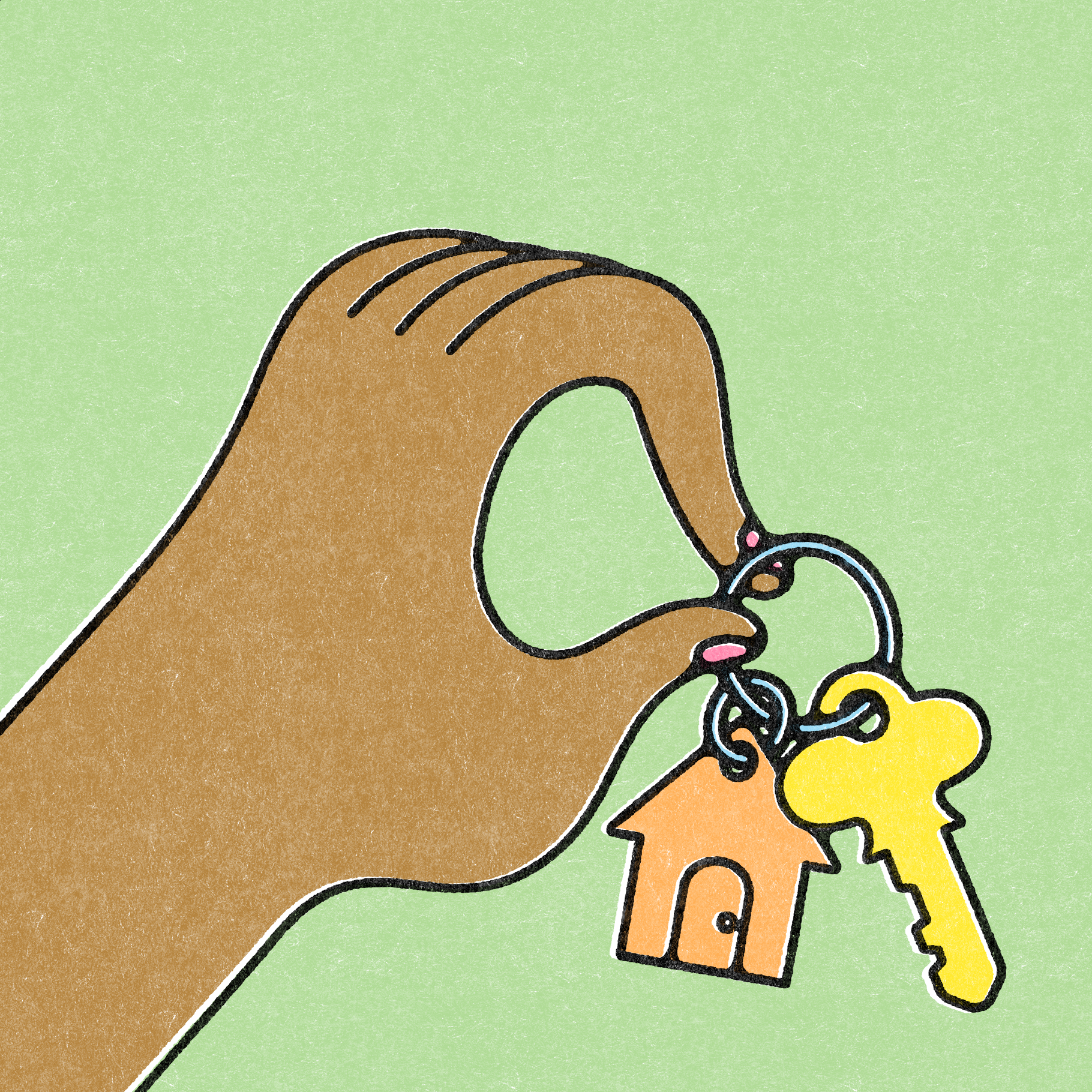 Cartoon hand holding a set of house keys.