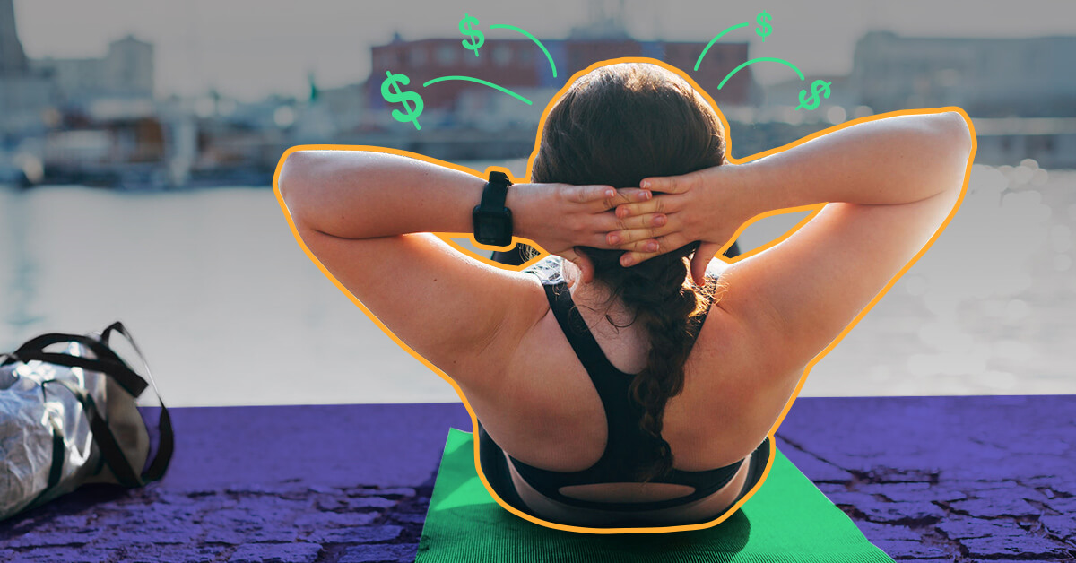woman doing crunches on yoga mat outside - how losing weight can save money on life insurance