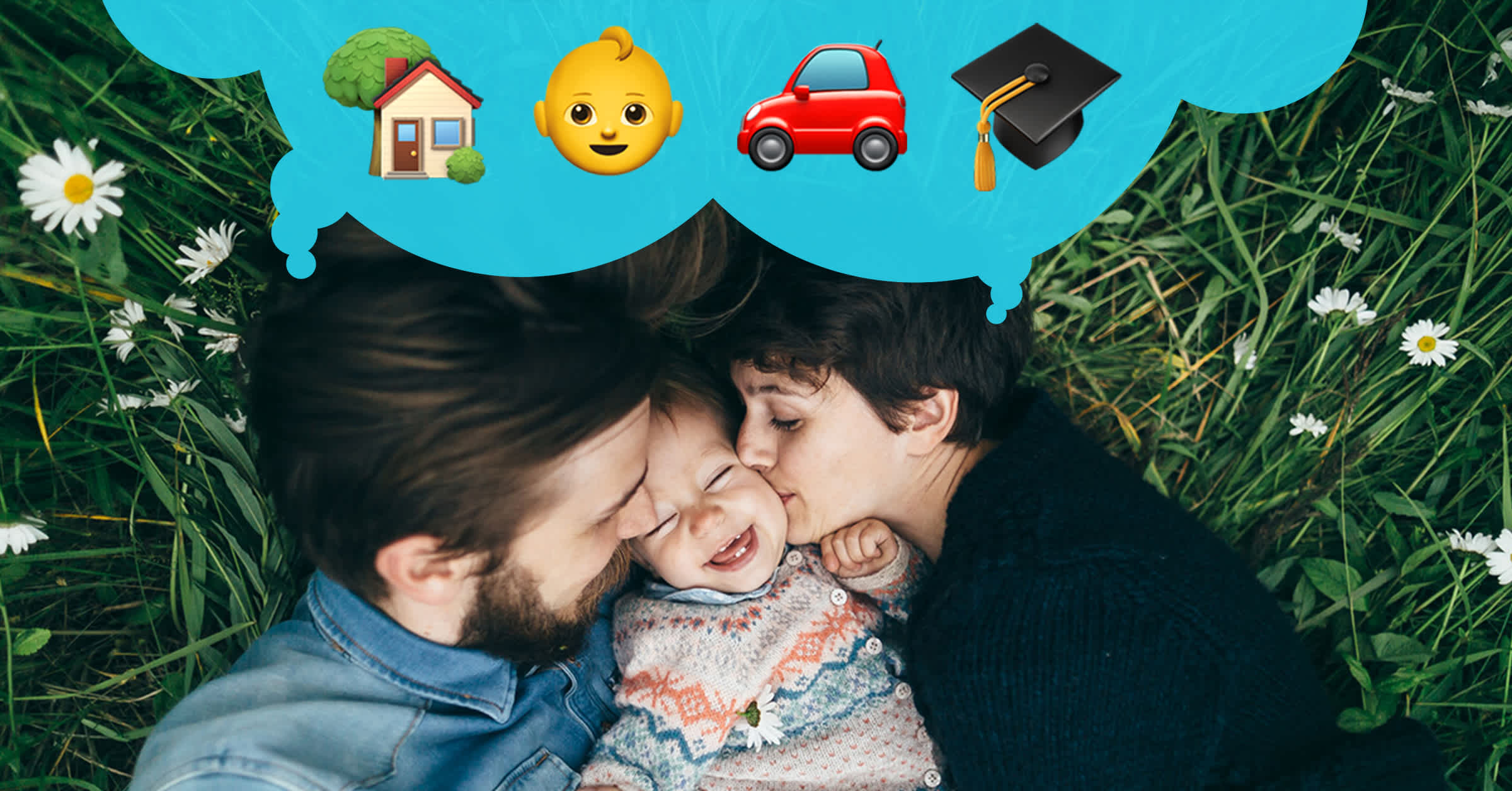 man and woman kissing toddler laying in grass - short term and long term financial goals