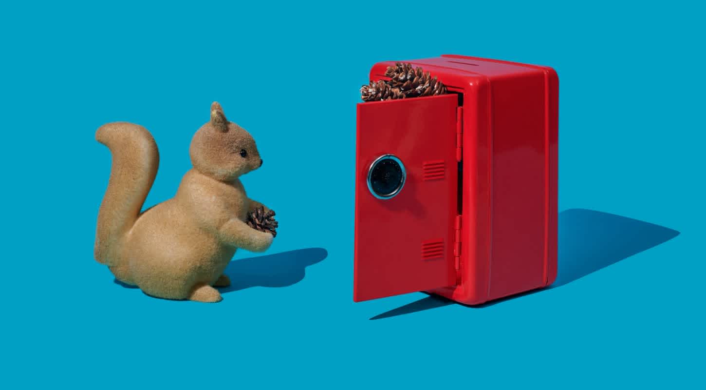 A focused squirrel carrying a single acorn looks toward an open locker overflowing with stored acorns, symbolizing saving and investment strategies for beginners.