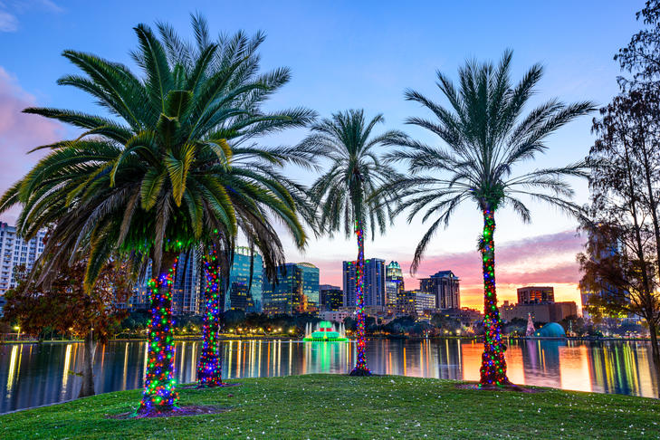 How Much Home Can Millennial Families Afford in These Top Cities? - Lake front view of Downtown Orlando, FL at dusk with adorned palm trees in the foreground. 