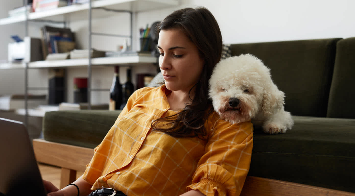 A young woman sitting on the floor works from home on her laptop. Her small white poodle lounging on the couch she is leaning on rests their chin on her shoulder.