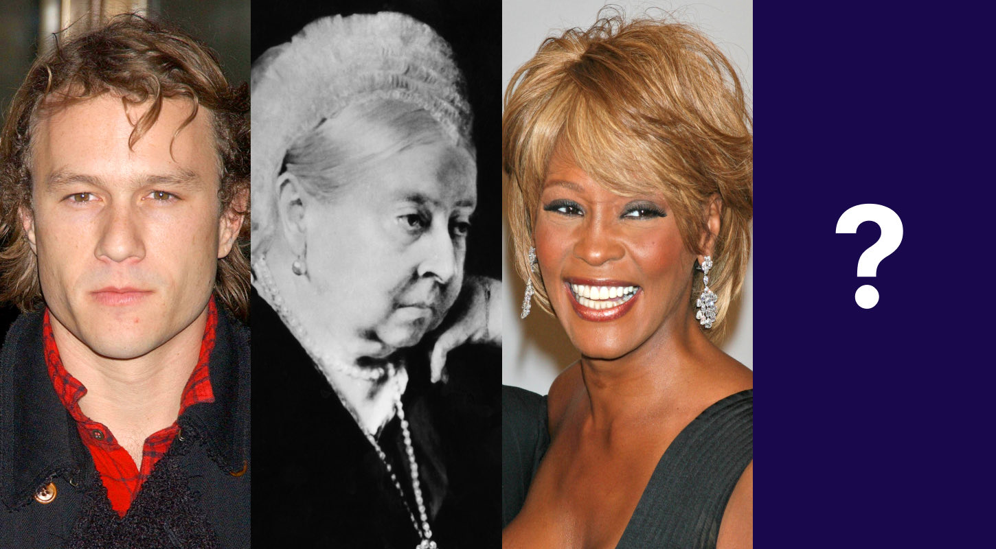 Side-by-side images of Heath Ledger, Queen Victoria, Whitney Houston, and a white question mark against a purple background. 